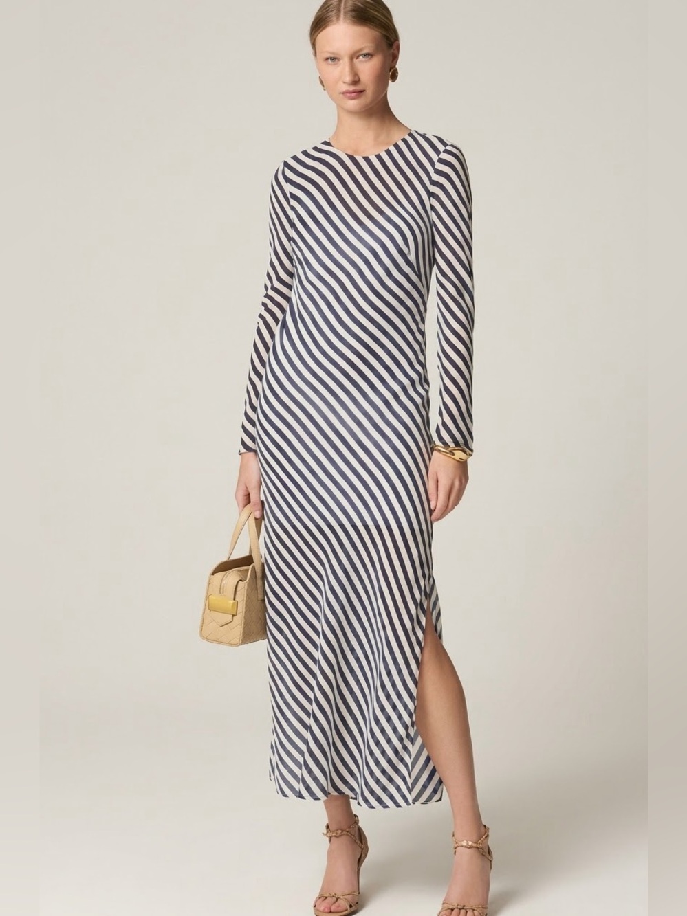 J.Crew Collection Chiffon Striped Long Sleeve Midi Dress White Navy Size 8